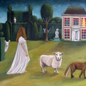 May include: A painting of a woman in a white dress walking through a garden at night. There is a house in the background with lit windows. There are also animals in the garden, including a fox, a sheep, a deer, and an owl.