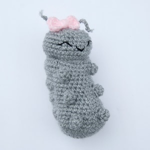 May include: A gray crocheted caterpillar toy with a pink bow. The toy has a smiling face with black eyes.