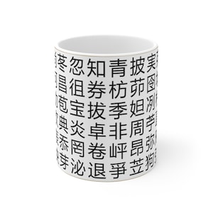 May include: White ceramic mug with black Chinese characters printed on the side. The characters are arranged in a random pattern and are not easily readable.