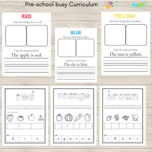 Pode incluir: Uma folha de trabalho imprimível para crianças pré-escolares para aprender sobre as cores. A folha de trabalho apresenta as palavras "vermelho", "azul", "amarelo", "laranja" e "marrom" com imagens de objetos dessas cores. A folha de trabalho também inclui atividades de traçado para cada cor.