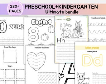Preschool + Kindergarten Learning Bundle,284+ Pages,Printable Activity Worksheets, Coloring,Dot to Dot,Tracing,Alphabet, homeschool,Digital