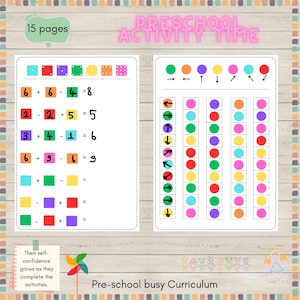 May include: A preschool activity worksheet with colorful squares and circles. The worksheet includes math problems with addition and subtraction, and a pattern recognition activity with arrows and colored circles.