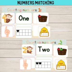 Può includere: Gioco di abbinamento educativo con il testo "NUMBERS MATCHING". Il gioco include carte con numeri, parole numeriche e illustrazioni corrispondenti di oggetti e dita. Le carte presentano una scimmia, un cesto di mele e un'anatra.