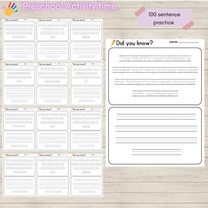 May include: A printable worksheet for preschoolers to practice writing sentences. The worksheet has the phrase "Did you know?" at the top and includes a sample sentence: "The fluffy cat chases a bright red toy mouse around the living room and pounces with excitement."