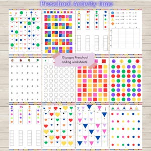 Può includere: Un set di 15 fogli di lavoro di codifica prescolare stampabili. I fogli di lavoro presentano forme, lettere e numeri colorati. I fogli di lavoro sono progettati per aiutare i bambini ad apprendere i concetti di base della codifica.