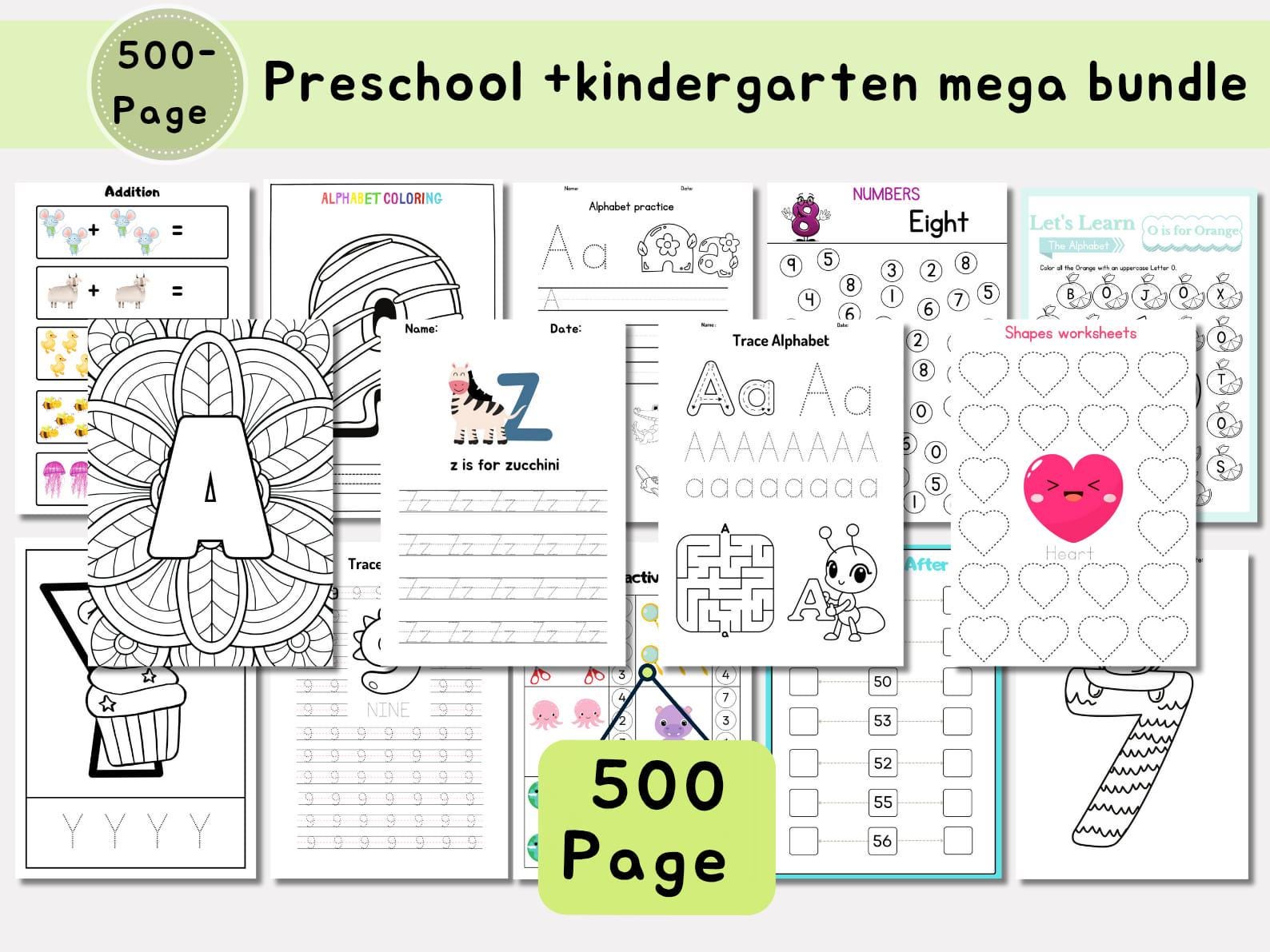 Preschool Pre-K + Kindergarten Learning Bundle, +500 Pages,Activity Worksheets, Alphabet, Numbers, Shapes, Colors, Coloring pages, Do a Dot