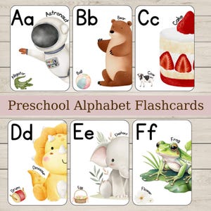 Cartões de alfabeto para pré-escola de A a Z | Cartões de alfabeto com animais fofos | Aprendizagem do alfabeto para imprimir para bebês e crianças | Cartões educativos, PDF digital