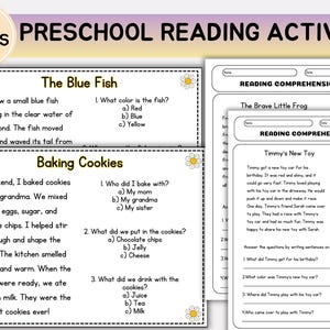 May include: Preschool reading activity pages featuring stories such as "The Blue Fish" and "Baking Cookies." Each page includes a short story and reading comprehension questions. The pages are decorated with daisy illustrations.