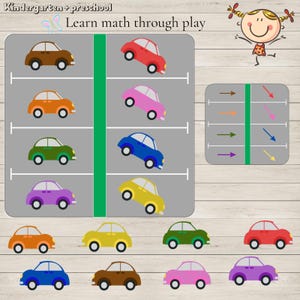 Automatch-activiteit voor kleuters: afdrukbaar leerspel met parkeerplaats en kleurrijke auto's leren met plezier, 36 kaarten
