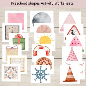 Può includere: Un set di 12 fogli di lavoro di attività di forme prescolari stampabili che presentano varie forme e oggetti, tra cui un orologio, una scatola regalo, un'etichetta, una cassettiera, una piastrella, un volante, una pizza, un salvagente, un sole, una luna, un triangolo, un'anguria, un segnale stradale, un cappello da festa e un cono di traffico.