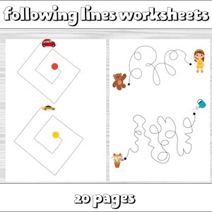 Könnte beinhalten: Zwei schwarz-weiße Arbeitsblätter mit gepunkteten Linien zum Nachzeichnen für Kinder. Das erste Arbeitsblatt hat ein rotes Auto, ein gelbes Auto, einen roten Kreis und einen gelben Kreis. Das zweite Arbeitsblatt hat einen Teddybär, ein Mädchen, eine Gießkanne und einen Blumentopf mit Blumen. Der Text "20 Seiten" befindet sich am unteren Rand des Bildes.