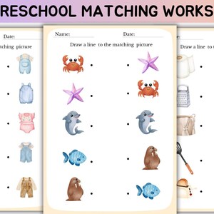 50 Printable Matching Worksheets, Matching Printable Educational Pages, Toddler Care, Pre-Kindergarten Activity, Preschool curriculum,pdf