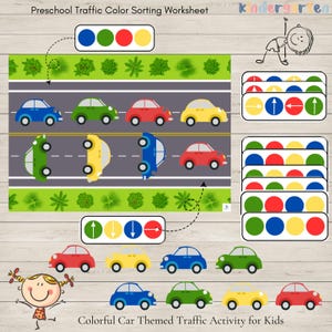 Puede incluir: Una hoja de trabajo de clasificación de colores de tráfico para preescolar con un tema de coche colorido. La hoja de trabajo presenta una carretera con coches de diferentes colores, un semáforo y un conjunto de círculos de clasificación de colores. La hoja de trabajo está diseñada para ayudar a los niños a aprender sobre los colores y la seguridad vial.