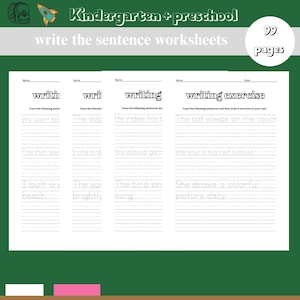 Può includere: Quattro fogli di lavoro stampabili in bianco e nero per bambini della scuola materna e della scuola dell'infanzia. Ogni foglio di lavoro ha un titolo: "scrittura", "scrittura", "scrittura" e "esercizio di scrittura". I fogli di lavoro includono frasi che i bambini devono tracciare e poi scrivere da soli. Le frasi includono parole come "gatto", "cane", "pesce", "uccello", "sole" e "spiaggia".