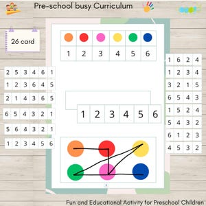 May include: A printable worksheet for preschoolers with a number matching activity. The worksheet features a grid with numbers 1 through 6 and a set of coloured circles. The circles are connected by lines to match the numbers on the grid.