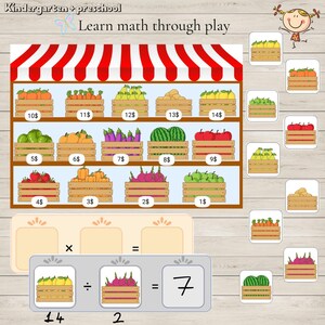 May include: A colorful illustration of a fruit and vegetable stand with a variety of produce, including lemons, carrots, pears, apples, watermelons, and onions. The image includes a math problem with the equation 14 divided by 2 equals 7.