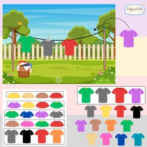 Könnte beinhalten: Ein Zuordnungsspiel mit einer Wäscheleine und bunten T-Shirts. Das Spiel enthält eine Vielzahl von Farben, darunter Rot, Grün, Blau, Gelb, Orange, Rosa, Lila und Schwarz. Das Spiel soll Kindern helfen, Farben und Zuordnungen zu lernen.