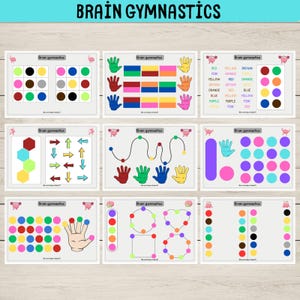 May include: Nine educational activity cards with the text "BRAIN GYMNASTICS". Each card features colourful shapes, patterns, and hand illustrations designed for cognitive exercises. The cards include colour matching, pattern recognition, and shape identification activities.