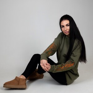 Olive Green Embroidered Sweatshirt: Cozy Knitwear with Traditional Ukrainian Touch – Perfect Gift for Her