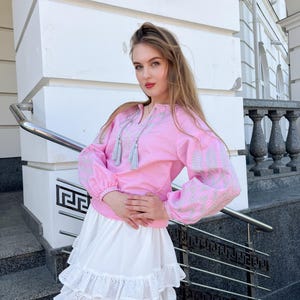 Pink Linen Blouse with Grey Floral Embroidery - Ukrainian Vyshyvanka, Ethnic Flower Embroidered Shirt, Stylish Linen Clothing for Her