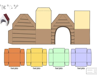 May include: Diagram of a dog house and food plates, with cut and fold lines. The dog house is brown with a tan roof and a white trim. Four food plates are orange, yellow, green, and purple. The text "Food plate" is below each plate.