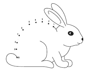May include: Black and white dot-to-dot puzzle featuring a rabbit. The numbers 1 through 10 are marked with dots, outlining the rabbit's form. The image includes the text "Livelyprintables | Personal use only | Not for resale".