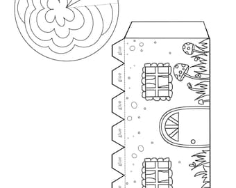 May include: Line art illustration of a paper craft project. The design includes a house with windows, a door, and mushrooms, along with a circular flower-like shape. The word "glue" is printed on the design.