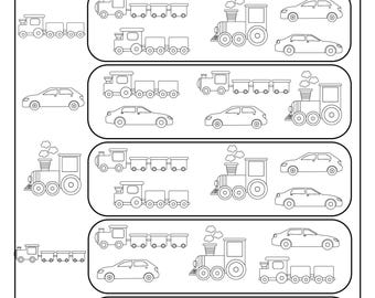 May include: Black and white worksheet with the text "Find the same picture." The worksheet features illustrations of trains and cars. The top of the worksheet has spaces for "Name:" and "Date:."