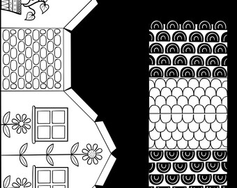 May include: Black and white line art of a paper house with a decorative pattern. The house has windows, a door, and flower details. Text reads "Colour, cut, fold & stick".