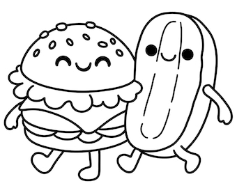 May include: Black and white cartoon illustration of a smiling hamburger and hot dog with arms and legs, walking together. The hamburger has sesame seeds on the bun. The hot dog has vertical lines.