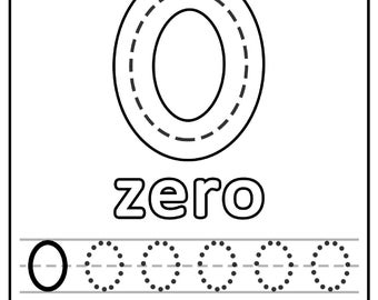 May include: Black and white educational worksheet with the text "Color, Count and trace the number O." The number zero is shown with a dotted line for tracing, and the word "zero" is written below. There are also rows of dotted circles for practice.