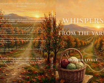 May include: A book cover titled Whispers From The Yarn by Donna Lively. The cover features a woven basket filled with balls of yarn in red, green, and cream, with knitting needles. The background shows an orchard at sunset with rows of trees.