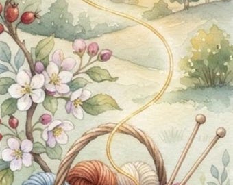 May include: A watercolor illustration of a woven basket filled with colorful yarn balls and two knitting needles. A golden thread forms a heart shape above the basket, set against a landscape with flowers and berries. Text reads: Every stitch tells a story... every heart carries one. — Donna Lively.