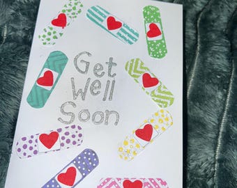 Handmade Get Well Soon Card, Bandages and Hearts Design