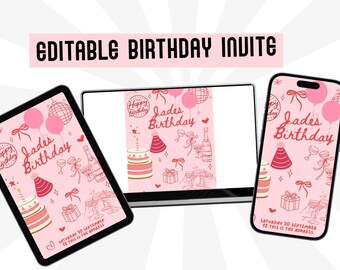 Pink Red Birthday Invitation, Editable Template (Digital)