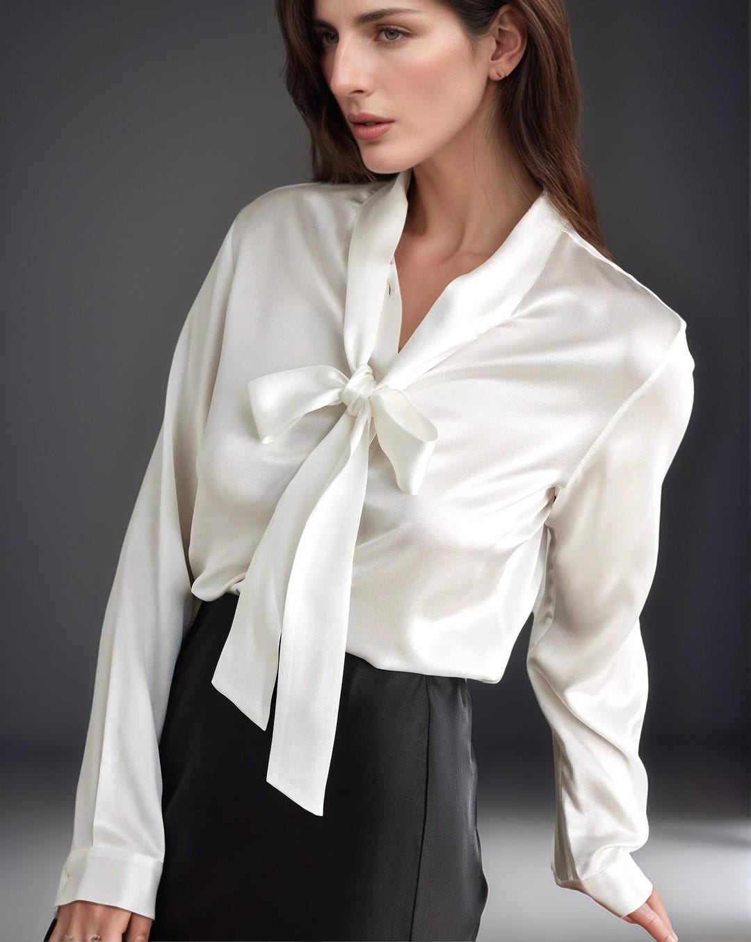 White Silk Shirt for Women Silk Office Blouse Bow Neck Long Sleeve — free download