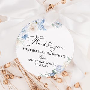 Dusty Blue Floral Wedding Favor Tags Template: Editable (2.5&#39;&#39; Circle & Square) (Digital Download)
