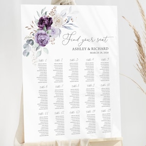 Paarse bloemen bruiloft zitplaatsen grafieksjabloon Lila bruiloft grote gasten zitplaatsen grafiek teken lavendel bloemen bruiloft tafel zitplank 1101
