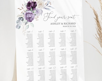 Plantilla de plano de asientos para boda con flores moradas (descarga digital)