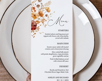 Terracotta Floral Wedding Menu Template: Autumn Wildflower Design (Digital Download) 0901