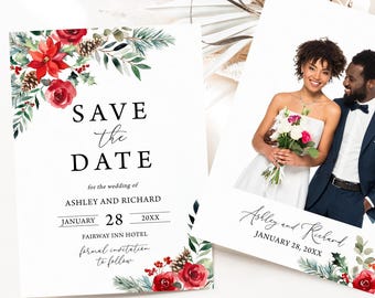 Plantilla de invitación para anunciar la fecha de la boda con temática floral invernal (imprimible)