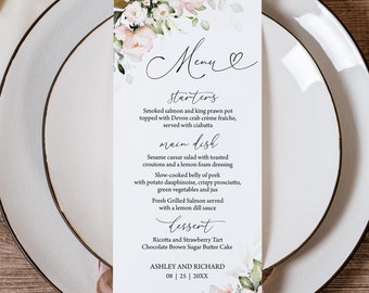 Blush Pink Floral Wedding Menu Template (Digital Download) 0701
