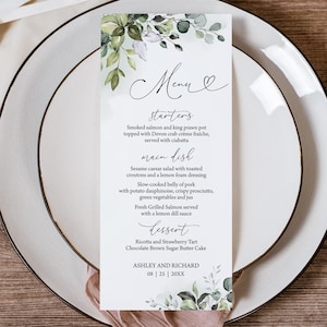 Sage Green Hochzeitsmenükarten Vorlage Eukalyptus-Empfangsmenü Bearbeitbare Greenery-Abendmenükarten Rustikale botanische Hochzeitsmenükarte 0301