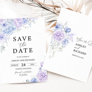 Cartes "Retenez cette date" pour mariage, fleurs bleu ciel Cartes "Retenez cette date" bleu clair et fleurs de lavande Cartes "retenez cette date" florales bleues et lilas 1401