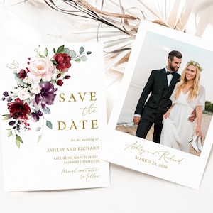 Cartes «Retenez cette date» pour mariage floral bordeaux et rose poudré Modèle de cartes «Retenez cette date» bordeaux et rose Marsala, modèle 0601