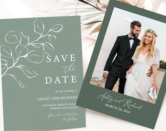 May include: Save the date card with a green background and white floral design. The card includes the text "Save the Date" and the names "Ashley and Richard". The date is March 28, 2026. A separate card features a photo of a couple in wedding attire and the text "Ashley and Richard" and "March 28, 2026".