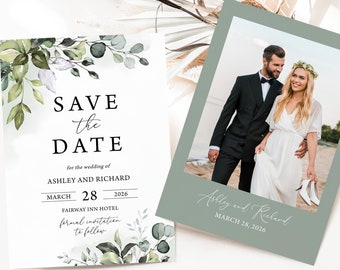 Biglietto Save The Date per matrimonio con eucalipto: modello verde salvia 0301