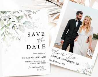 May include: Save the date card with a watercolor floral design and a photo of a couple in wedding attire. The text reads "Save the Date for the wedding of Ashley and Richard, Saturday, March 28, 2027, Fairway Inn Hotel, formal invitation to follow".