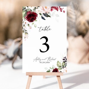 Numeri da tavolo floreali bordeaux Modello di carta per numeri da tavolo per matrimonio rosa cipria bordeaux Modello di carta per numeri da tavolo stampabili Marsala 0501