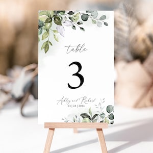 Plantillas para números de mesa de boda en verde salvia, plantillas para números de mesa de boda en eucalipto, elegantes tarjetas rústicas con números 0301